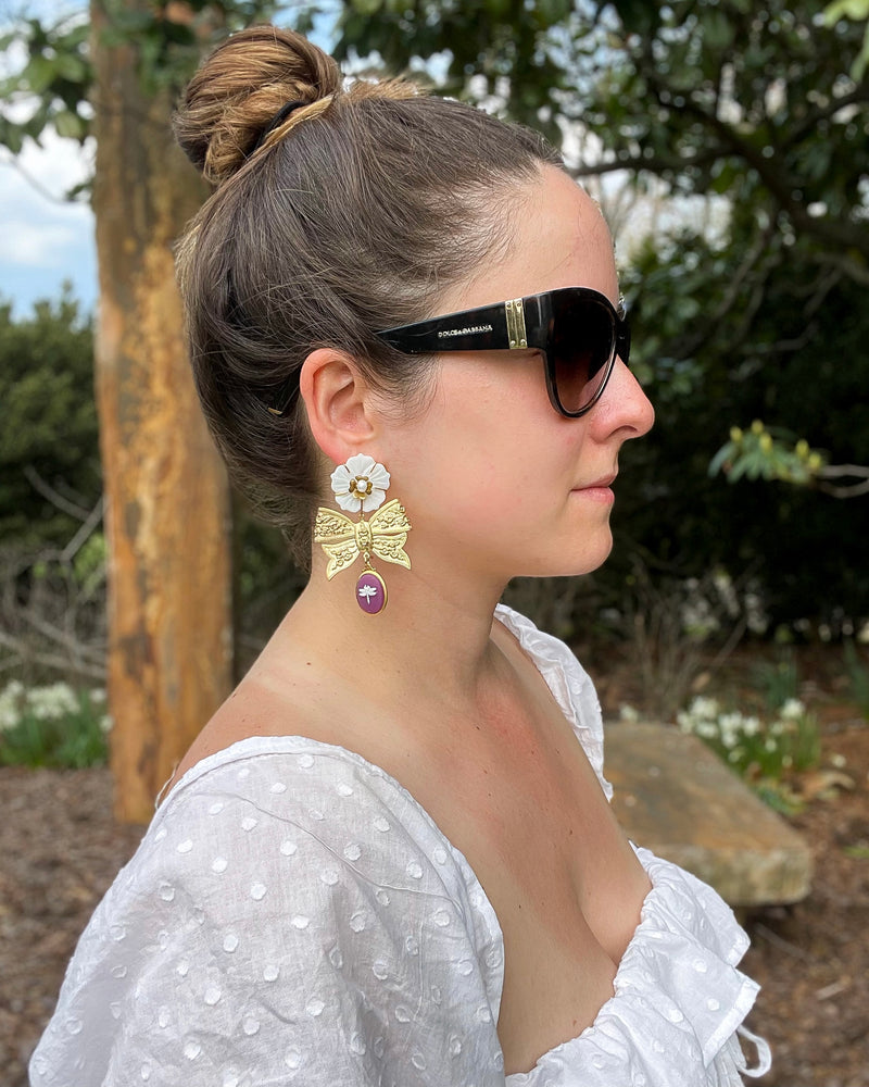 mother of pearl flower brass bow & dragonfly cameo