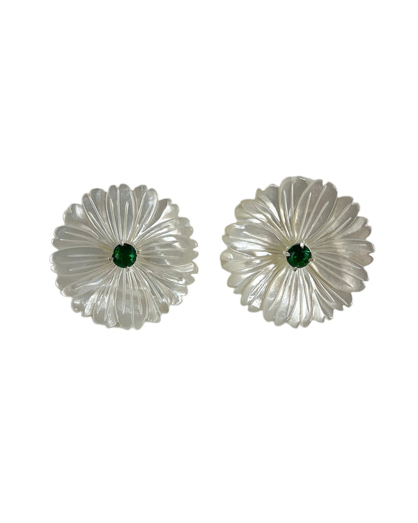 mother of pearl flower & emerald stud