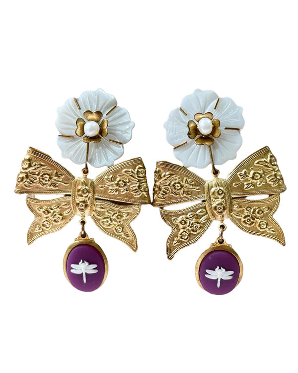 mother of pearl flower brass bow & dragonfly cameo